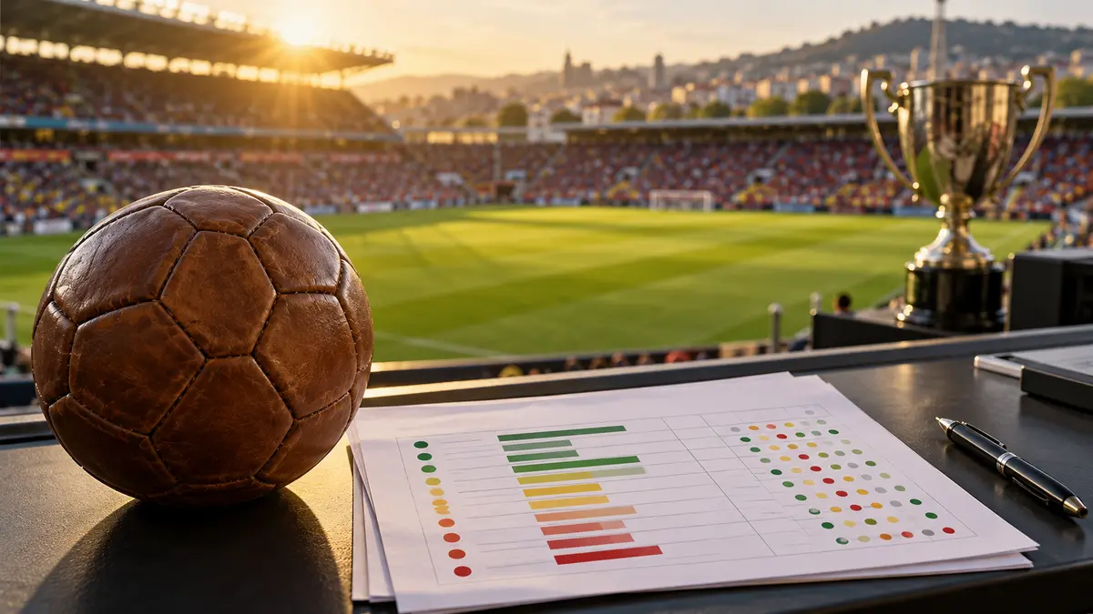 En sliten brun läderfotboll och ett papper med färgade staplar och prickar ligger på ett bord vid en fotbollsplan, medan en pokal står i bakgrunden på en solbelyst stadion.